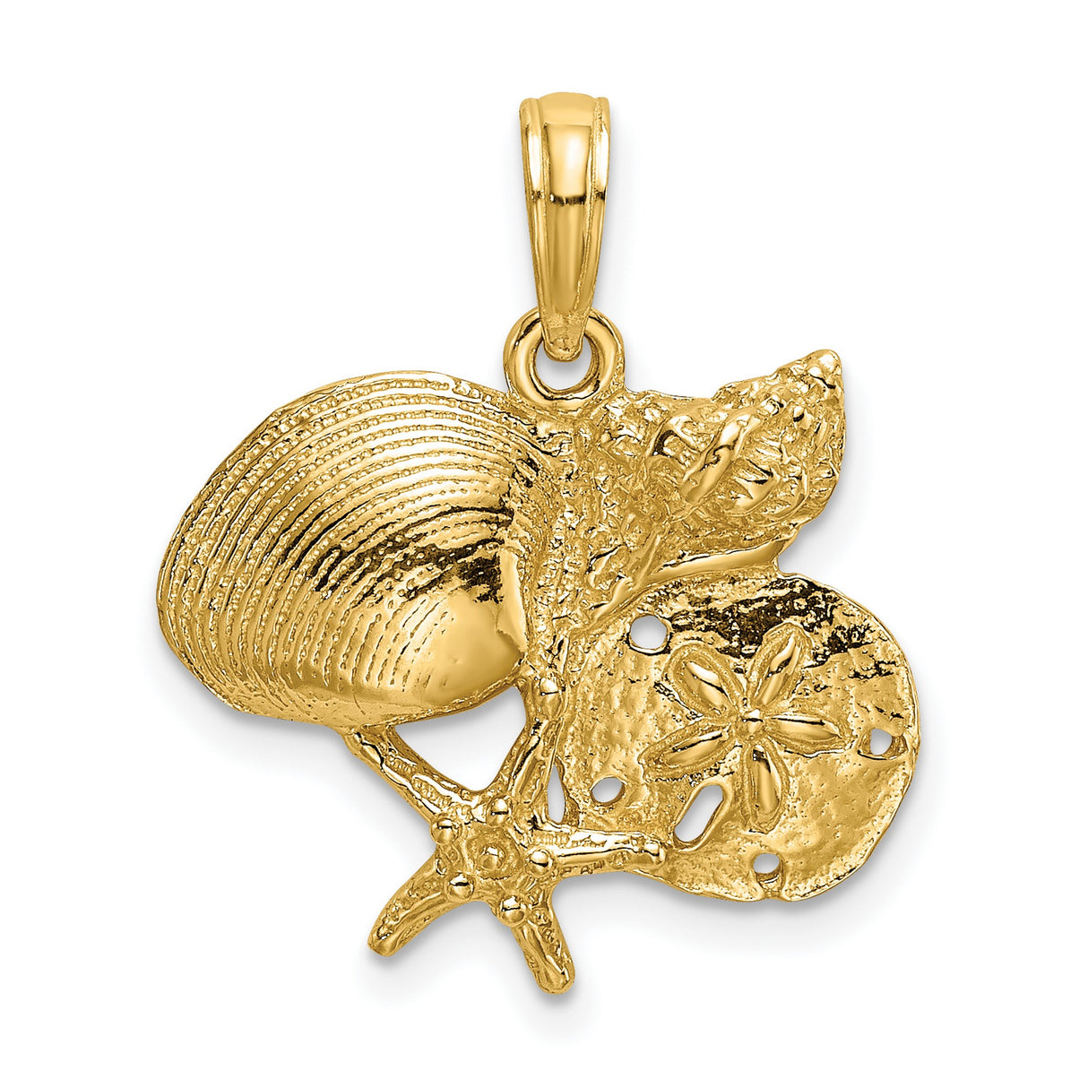 14k Yellow Gold Pendant with Starfish, Sand Dollar, Seashells, and Conch Shell