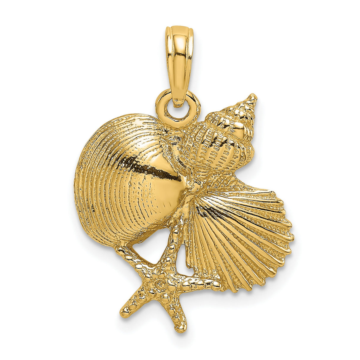 14k Yellow Gold Seashell Pendant with Starfish Design, Nautical Coastal Charm for Women