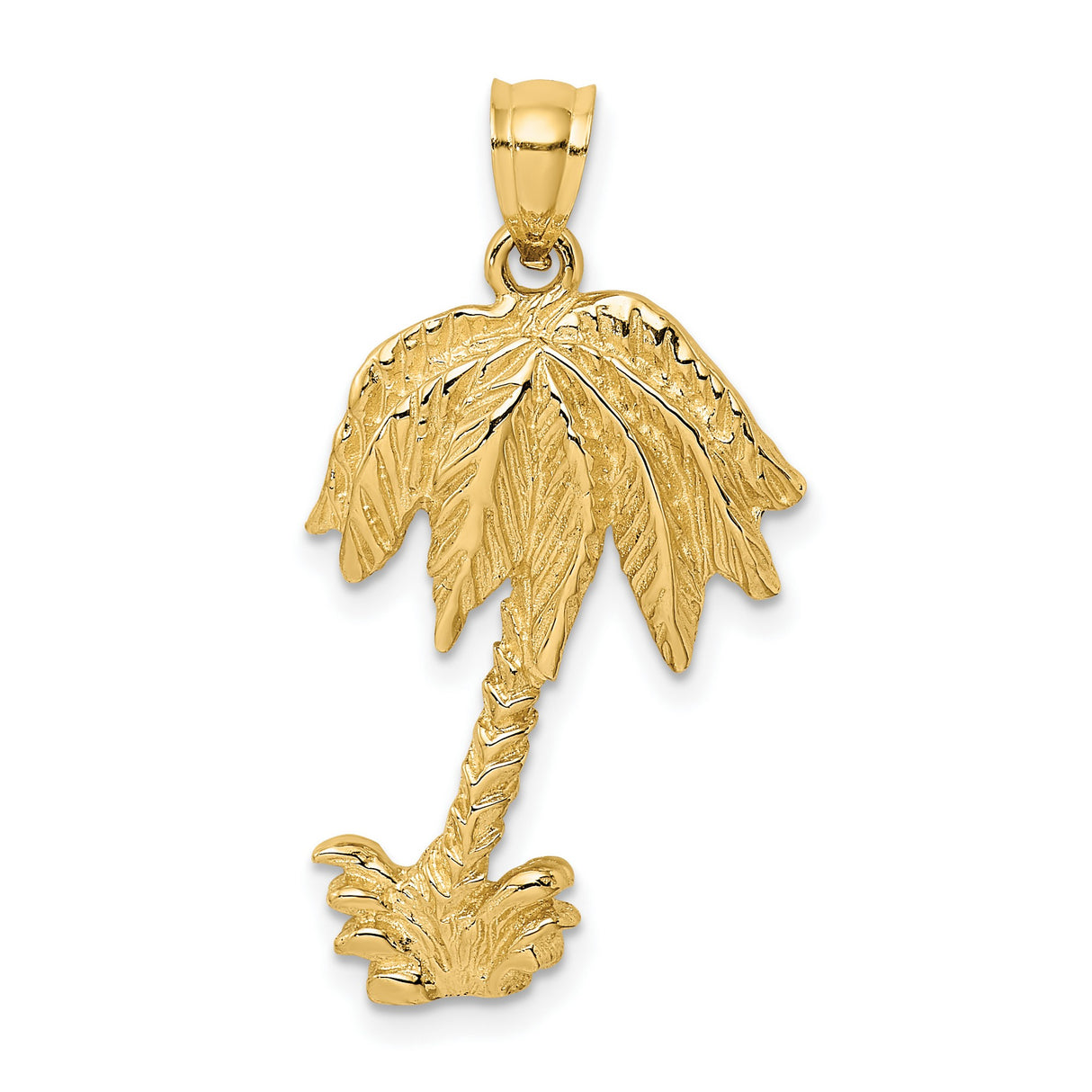 14k Yellow Gold Palm Tree Pendant with Textured Leaf and Trunk Detail, Tropical Theme for Women or Unisex