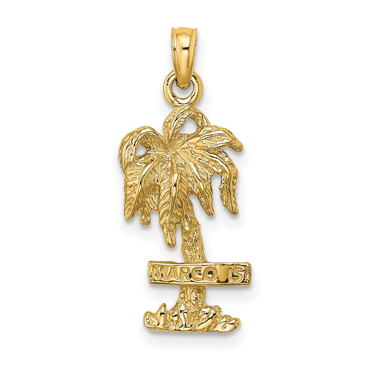 14k Yellow Gold Palm Tree Pendant with Marco Island Engraving, Tropical Beach Charm Jewelry