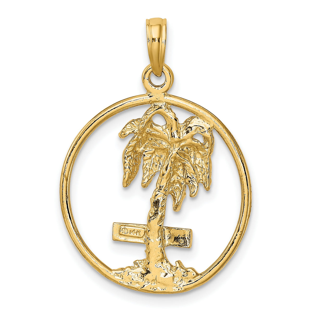 14k Yellow Gold Palm Tree Pendant with Marco Island Trunk and Circular Frame