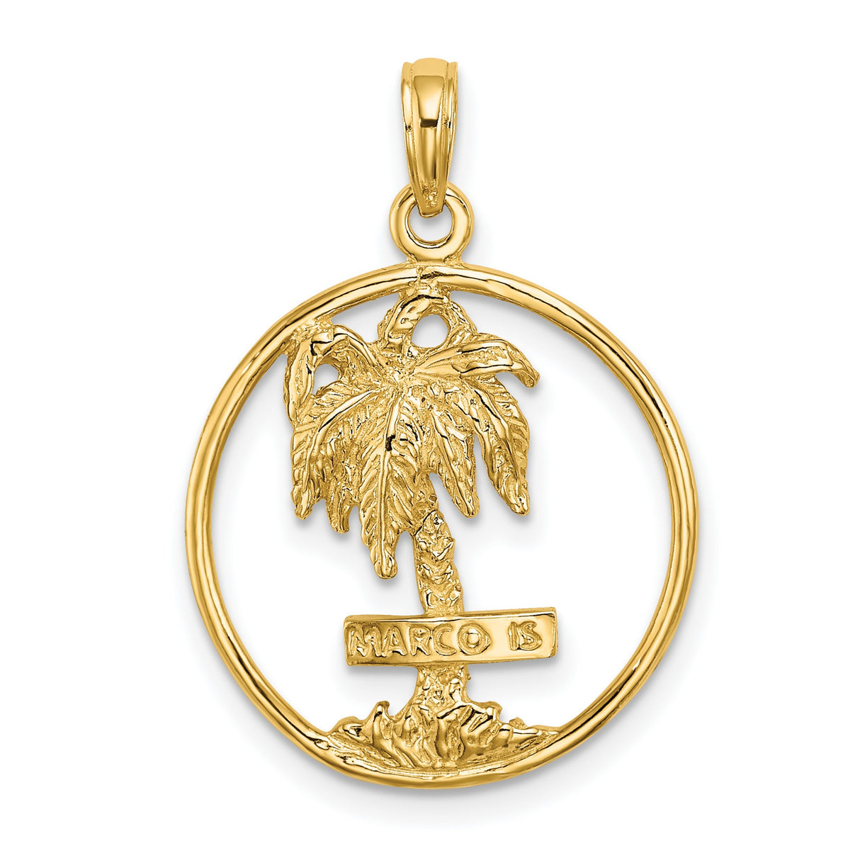 14k Yellow Gold Palm Tree Pendant with Marco Island Trunk and Circular Frame