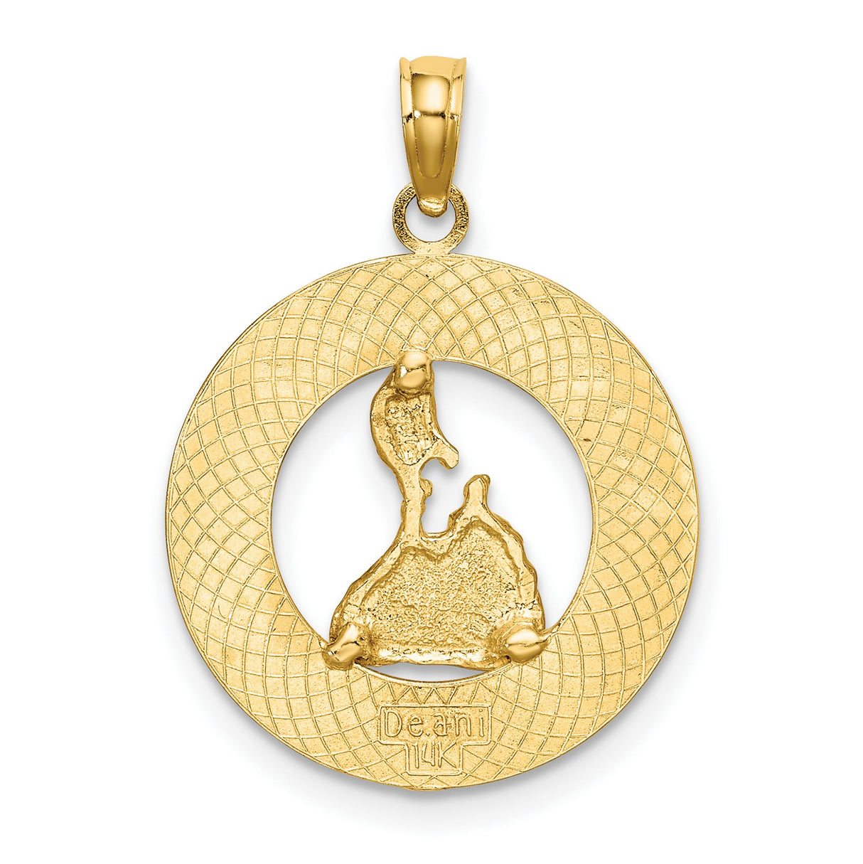 14k Yellow Gold Block Island Pendant with Rhode Island Map Outline and Textured Frame