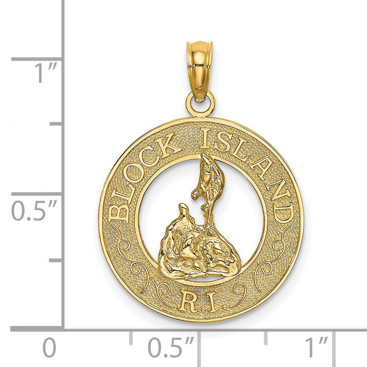14k Yellow Gold Block Island Pendant with Rhode Island Map Outline and Textured Frame