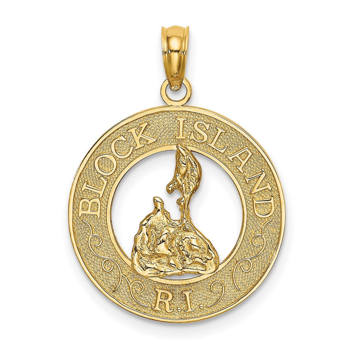 14k Yellow Gold Block Island Pendant with Rhode Island Map Outline and Textured Frame