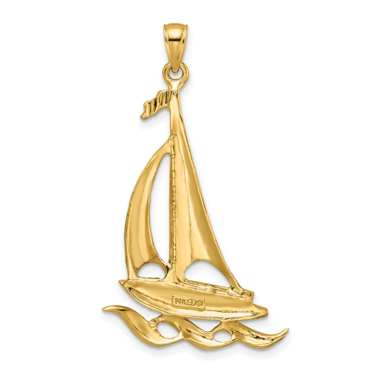 14k Yellow Gold Sailboat Pendant with Yacht and Flag Design, Nautical Ocean Theme Charm