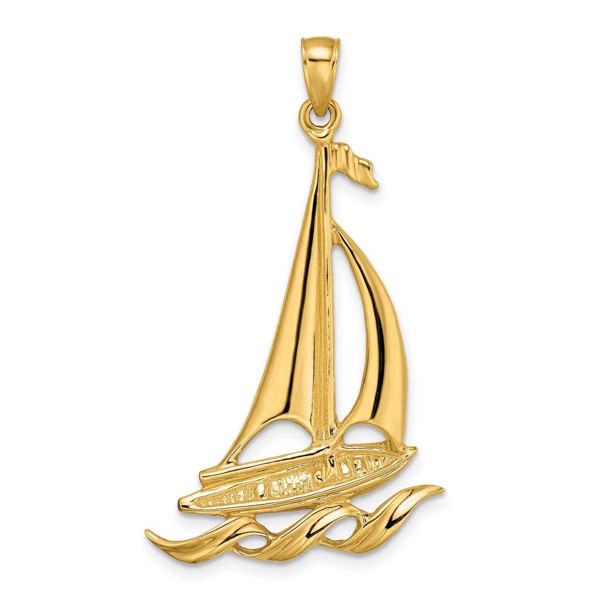 14k Yellow Gold Sailboat Pendant with Yacht and Flag Design, Nautical Ocean Theme Charm