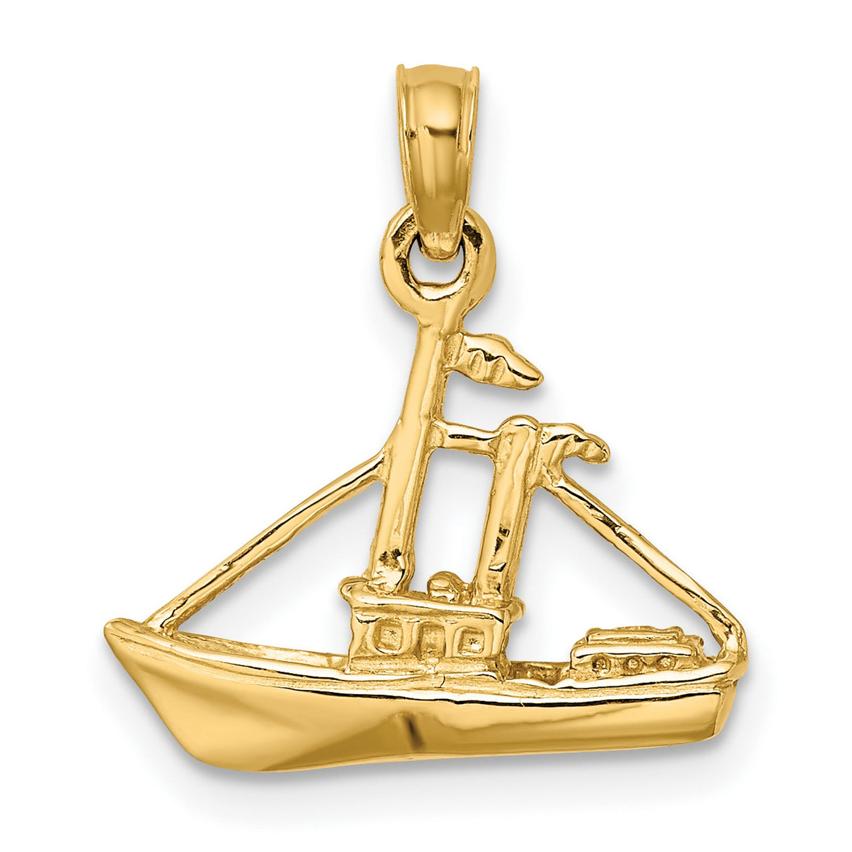14k Yellow Gold Pendant, Stylized Fishing Boat Charm with Masts and Nets, Nautical Maritime Theme