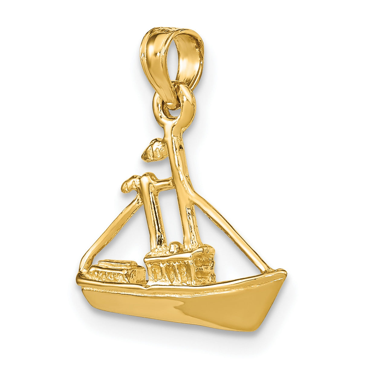 14k Yellow Gold Pendant, Stylized Fishing Boat Charm with Masts and Nets, Nautical Maritime Theme