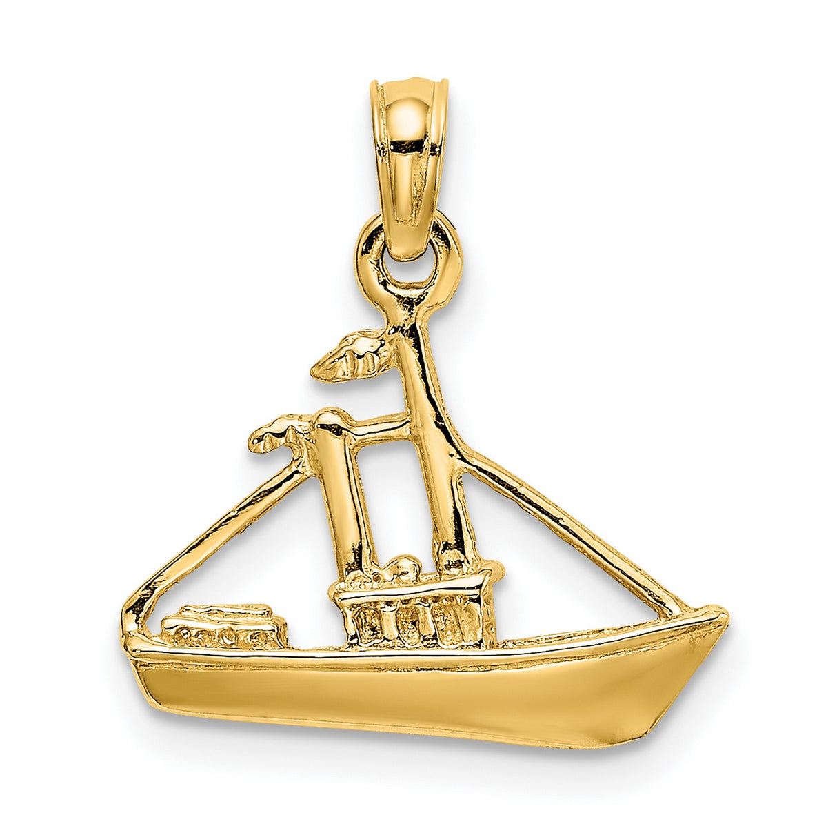 14k Yellow Gold Pendant, Stylized Fishing Boat Charm with Masts and Nets, Nautical Maritime Theme