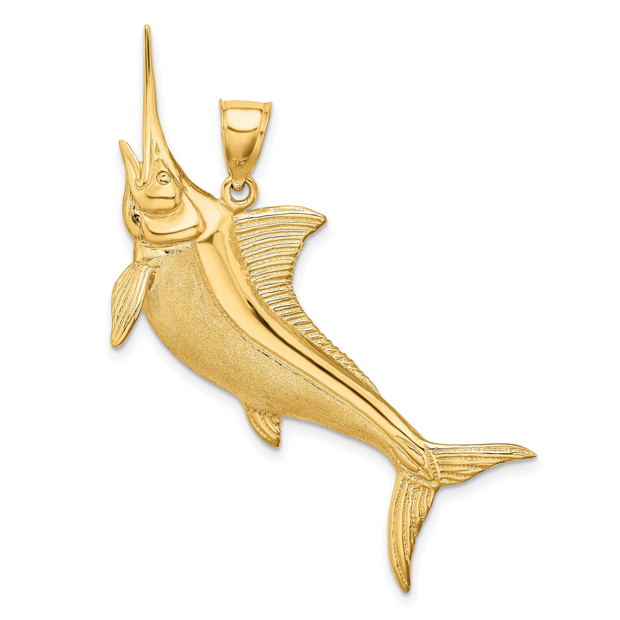 14k Yellow Gold Marlin Fish Pendant, Detailed Swordfish Nautical Charm for Men