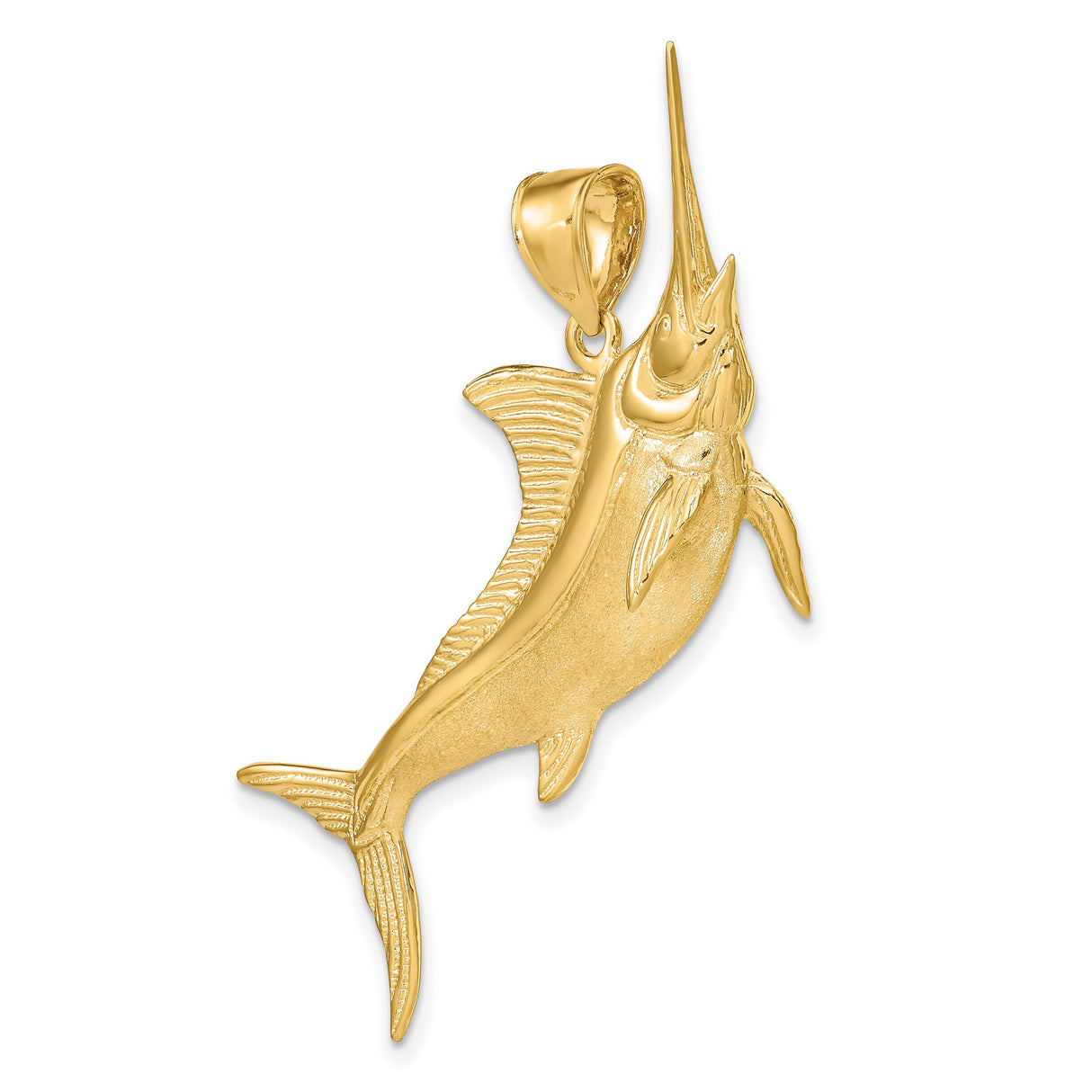 14k Yellow Gold Marlin Fish Pendant, Detailed Swordfish Nautical Charm for Men