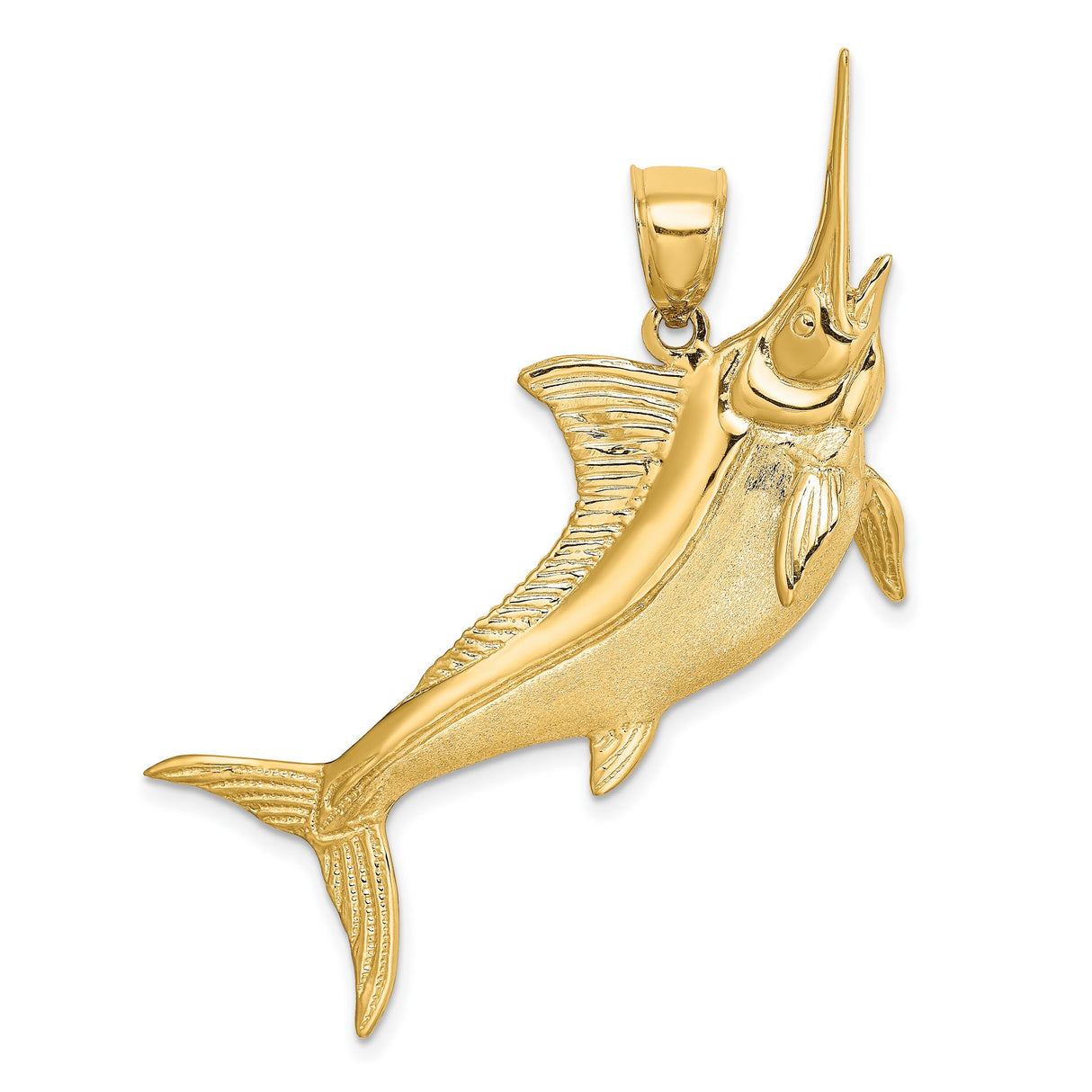 14k Yellow Gold Marlin Fish Pendant, Detailed Swordfish Nautical Charm for Men