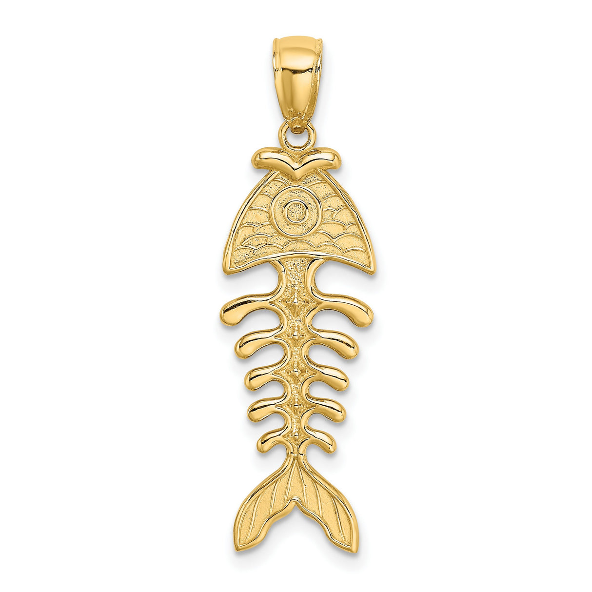 14k Yellow Gold Fishbone Pendant, Stylized Fish Skeleton, Christian Nautical Theme