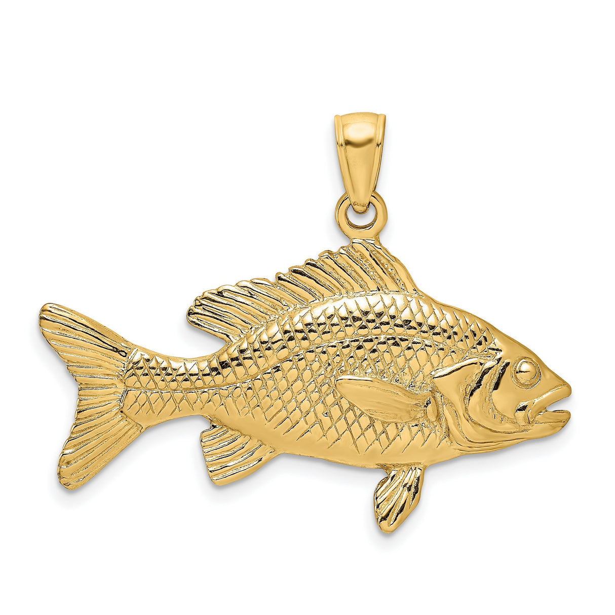 14k Yellow Gold Fish Pendant with Detailed Bass Design, Realistic 3D Fishing Jewelry for Men or Unisex