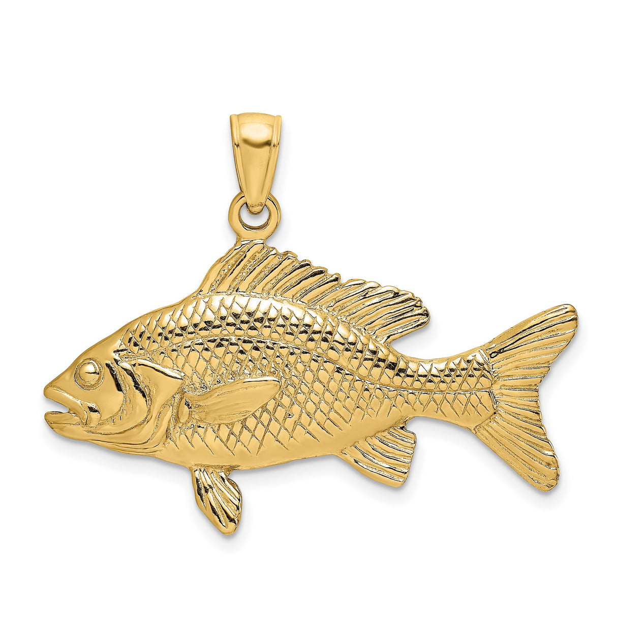 14k Yellow Gold Fish Pendant with Detailed Bass Design, Realistic 3D Fishing Jewelry for Men or Unisex