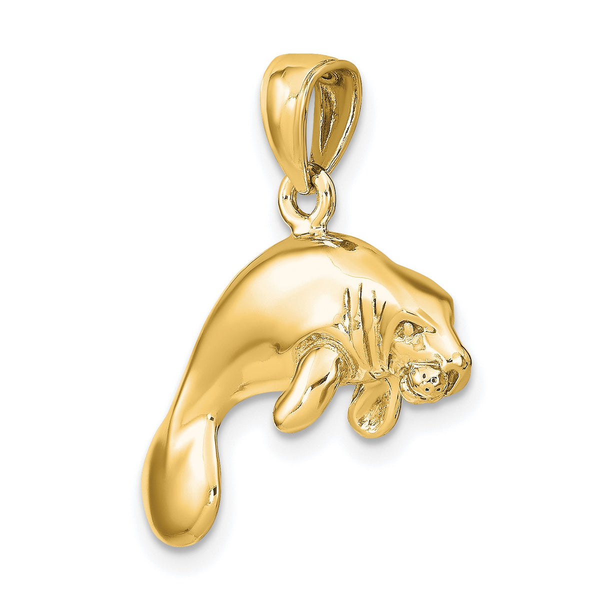 14k Yellow Gold Manatee Pendant, Detailed Sea Cow Design, Ocean and Nature Theme