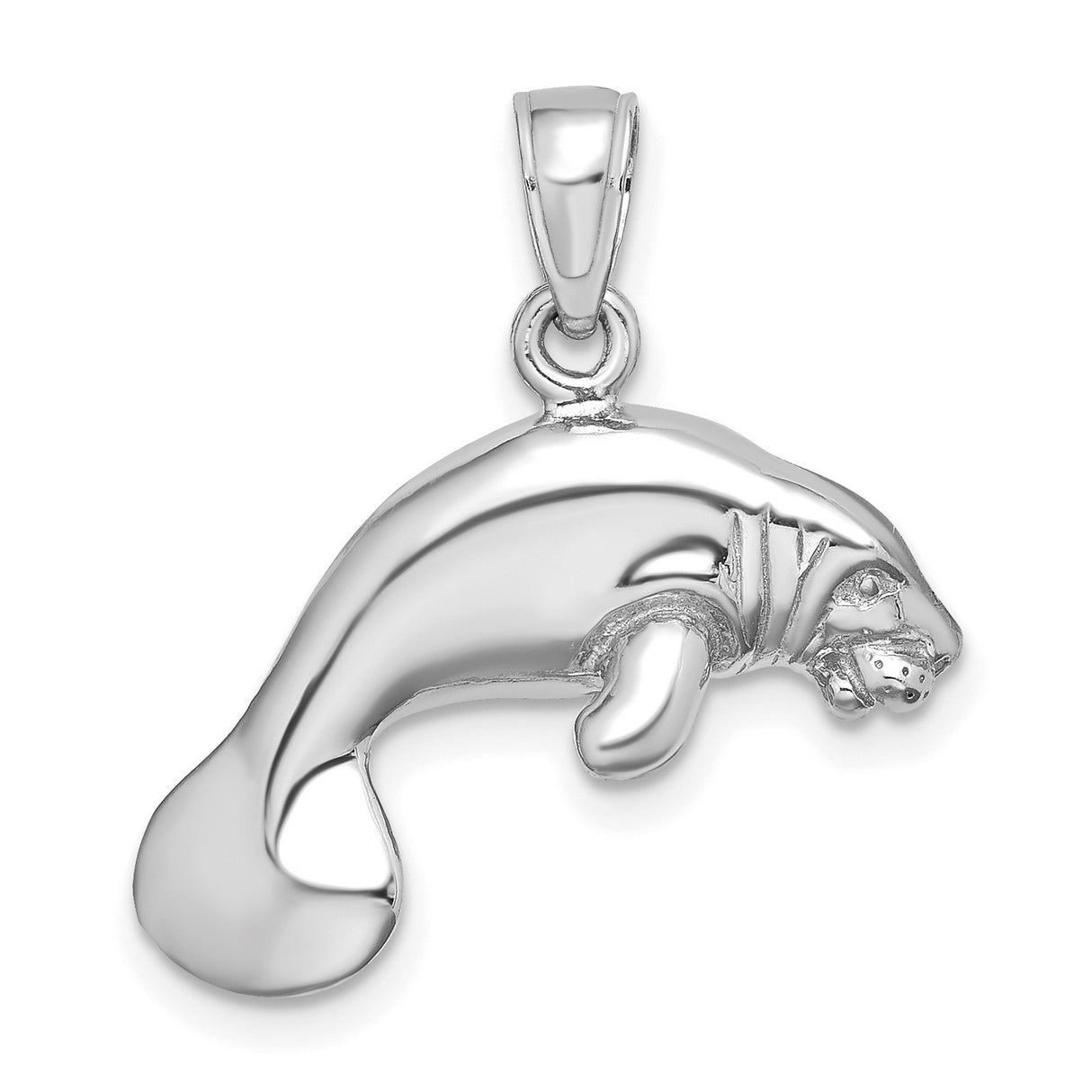14k White Gold Manatee Pendant, Polished Sea Cow Charm, Ocean Animal Nature Jewelry