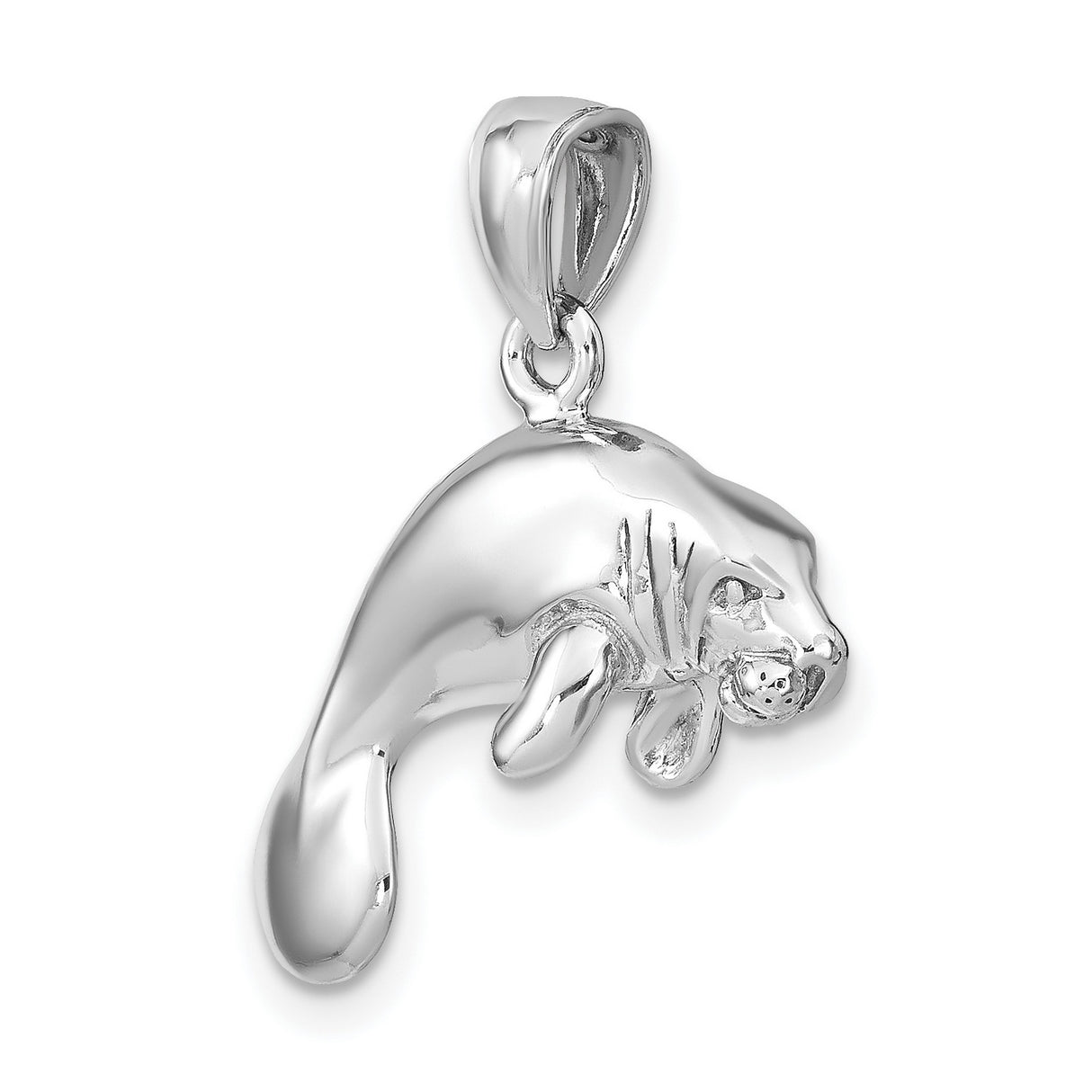 14k White Gold Manatee Pendant, Polished Sea Cow Charm, Ocean Animal Nature Jewelry
