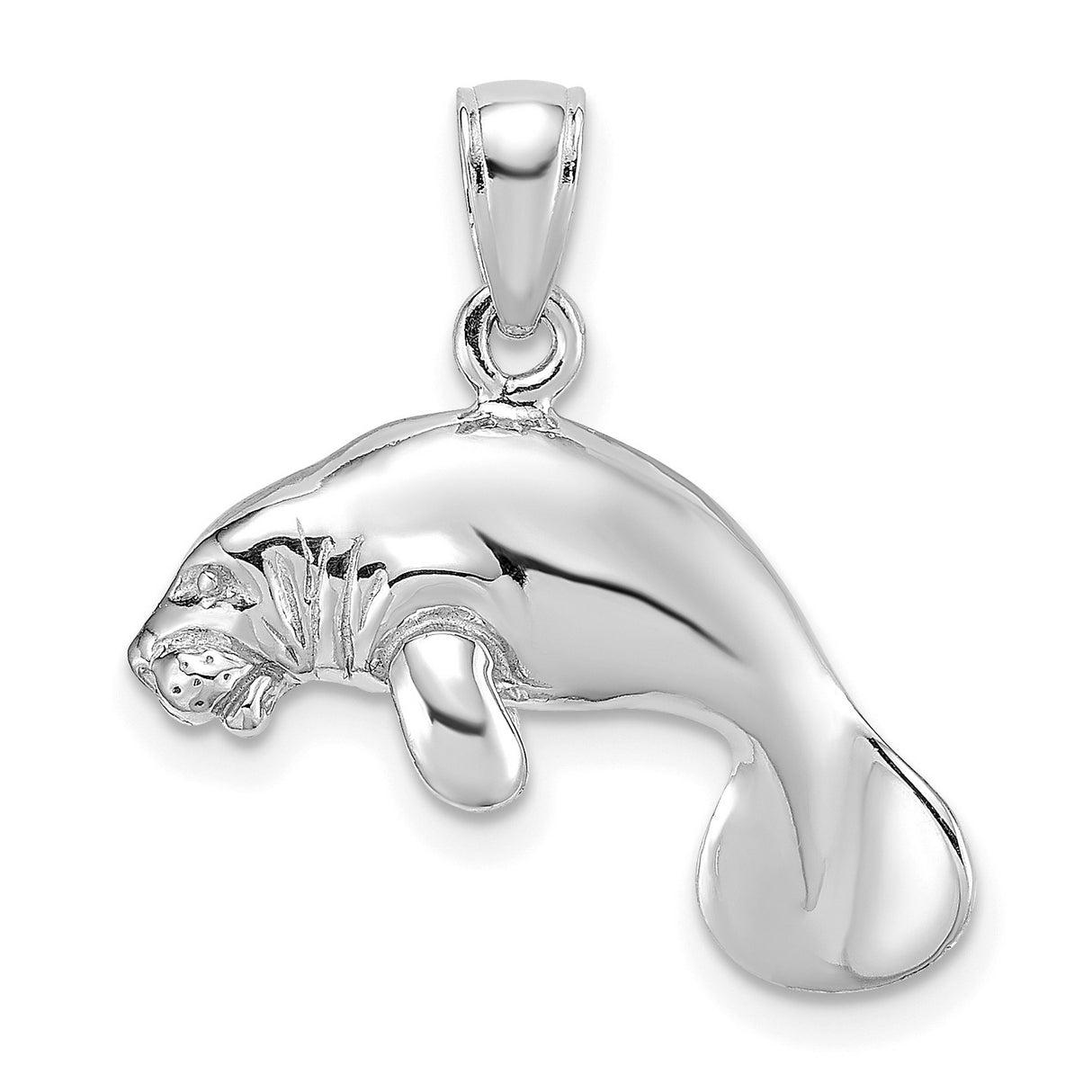 14k White Gold Manatee Pendant, Polished Sea Cow Charm, Ocean Animal Nature Jewelry