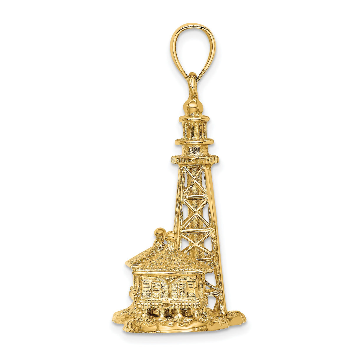14k Yellow Gold Lighthouse Pendant with Textured Coastal Scene and Houses