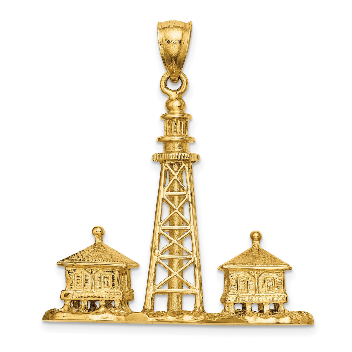 14k Yellow Gold Lighthouse Pendant with Textured Coastal Scene and Houses