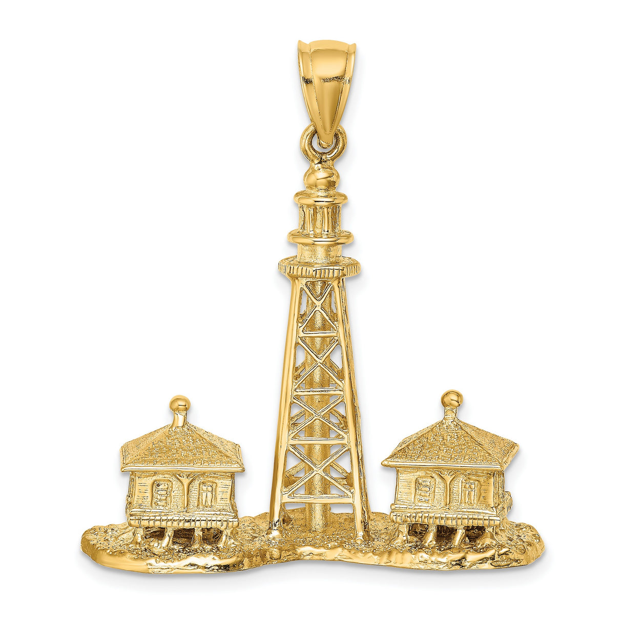 14k Yellow Gold Lighthouse Pendant with Textured Coastal Scene and Houses