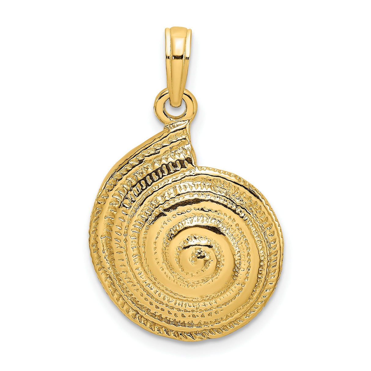 14k Yellow Gold Spiral Seashell Pendant, Textured Swirl Shell Charm, Ocean-Inspired Coastal Jewelry