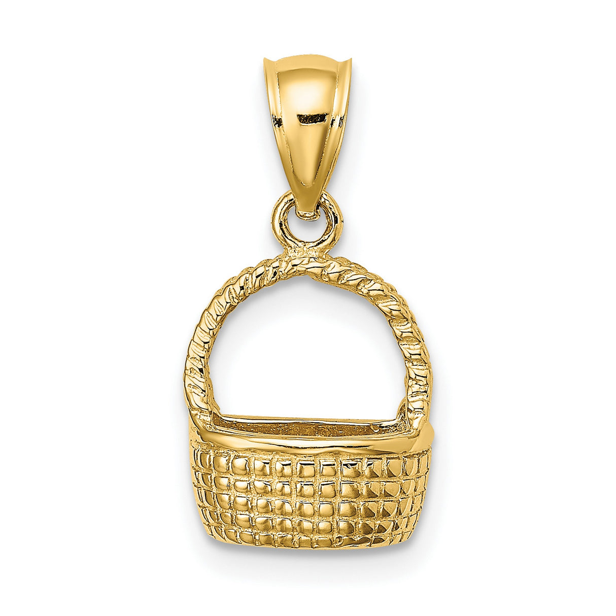 14k Yellow Gold Basket Pendant with Woven Design and Textured Handle