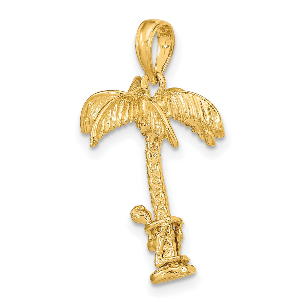 14k Yellow Gold Palm Tree Pendant with Climbing Figure, Tropical Island Charm