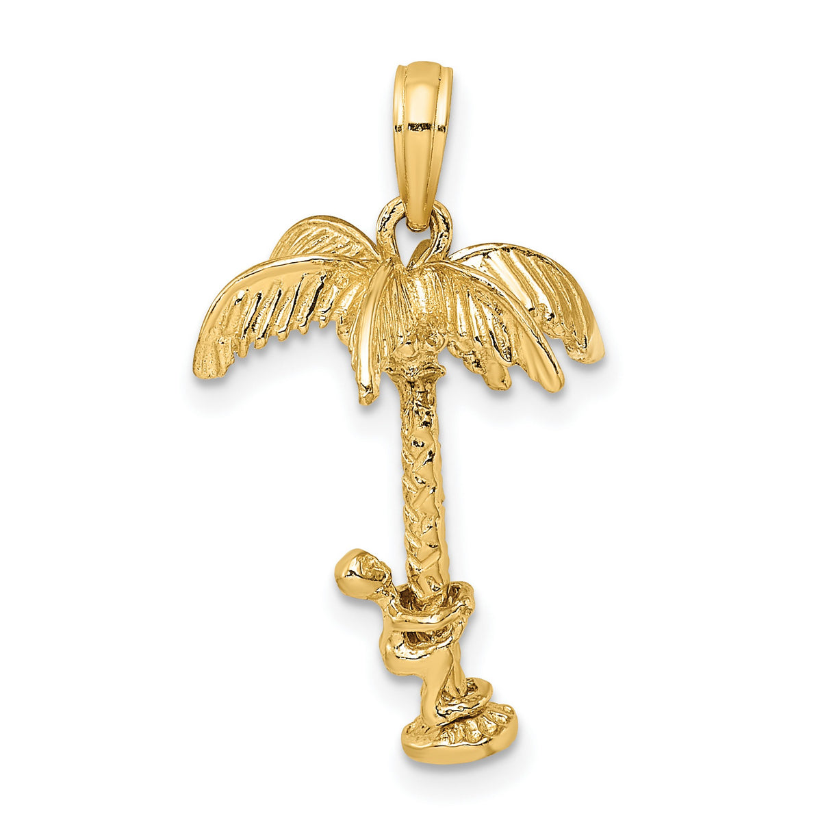 14k Yellow Gold Palm Tree Pendant with Climbing Figure, Tropical Island Charm