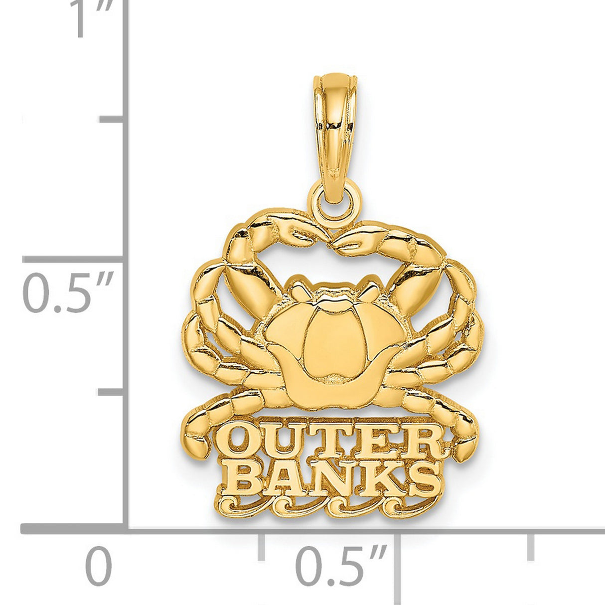 14k Yellow Gold Crab Pendant with Outer Banks Text, Nautical Coastal Charm