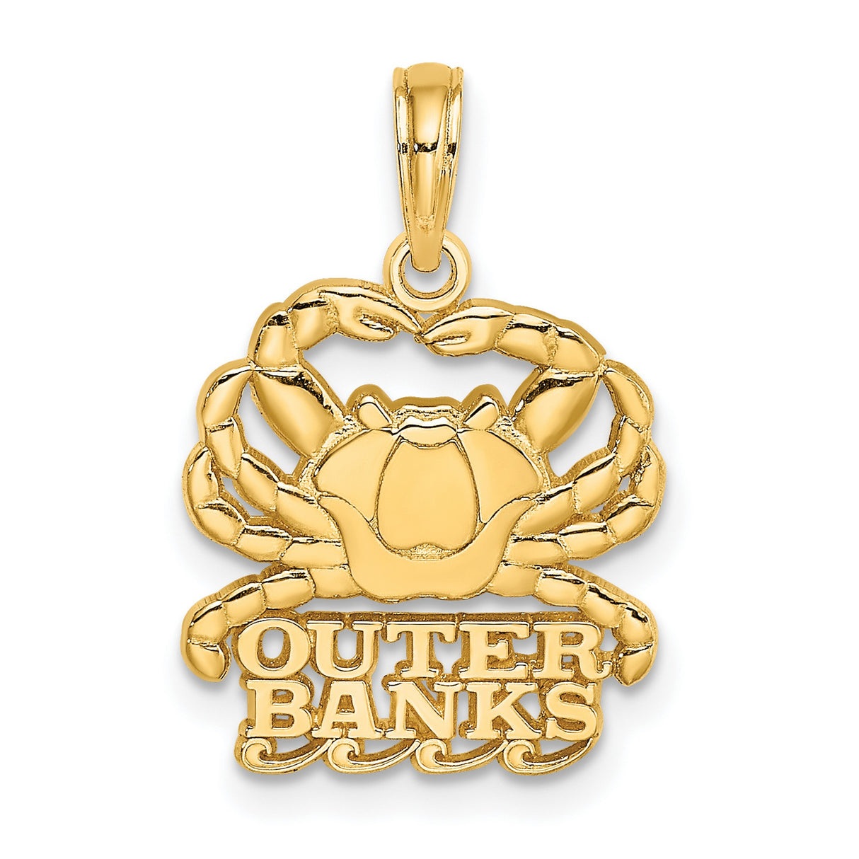 14k Yellow Gold Crab Pendant with Outer Banks Text, Nautical Coastal Charm