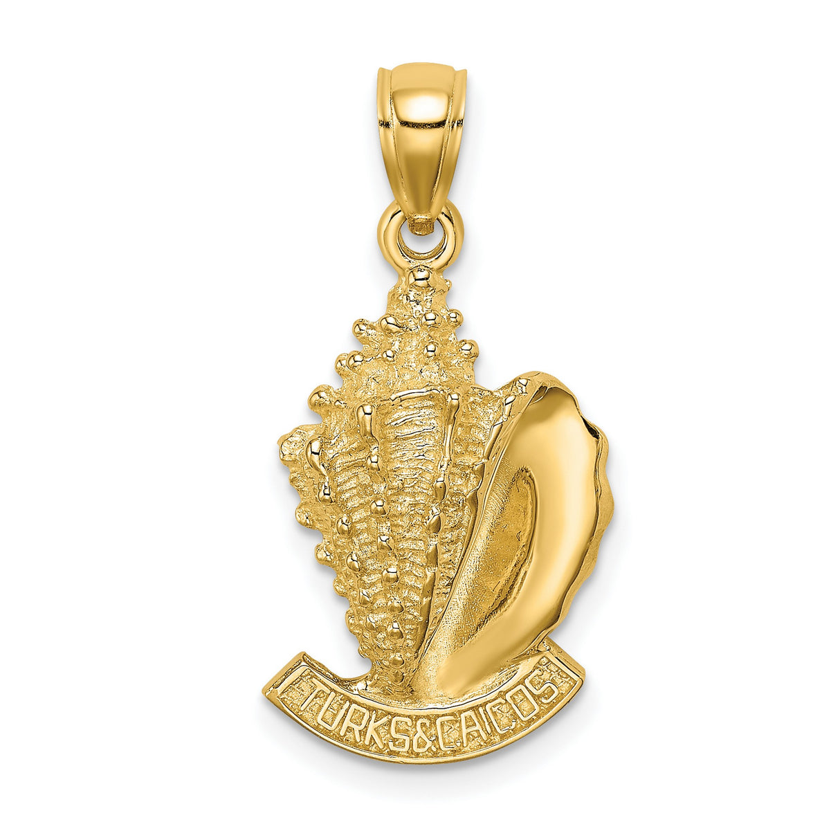 14k Yellow Gold Conch Shell Pendant with Turks and Caicos Engraving, Tropical Island Jewelry