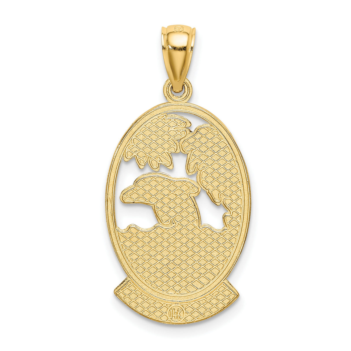 14k Yellow Gold Dolphin Pendant with Palm Tree and Sun Design, Tropical Travel Theme Jewelry