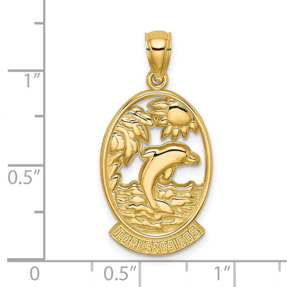14k Yellow Gold Dolphin Pendant with Palm Tree and Sun Design, Tropical Travel Theme Jewelry