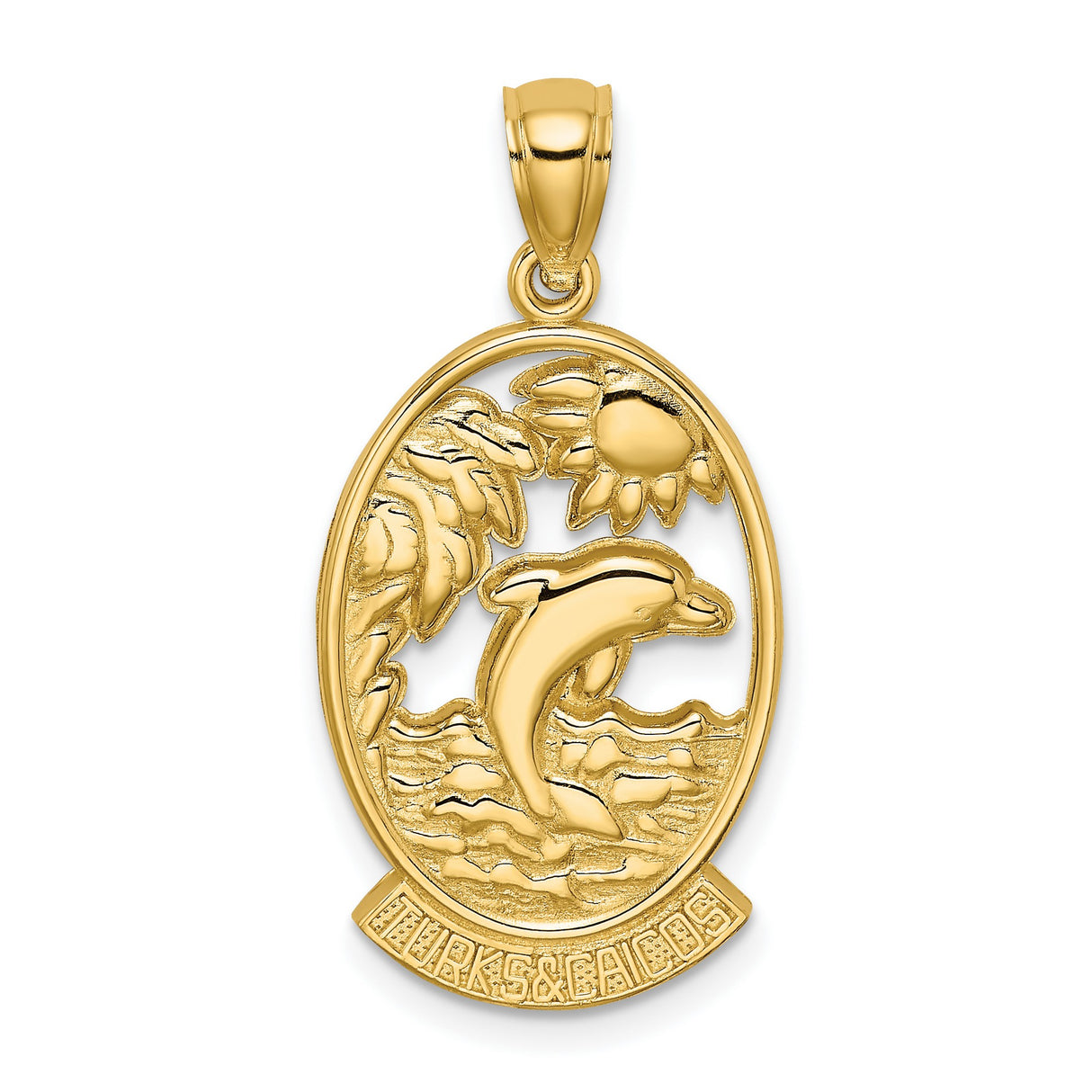 14k Yellow Gold Dolphin Pendant with Palm Tree and Sun Design, Tropical Travel Theme Jewelry