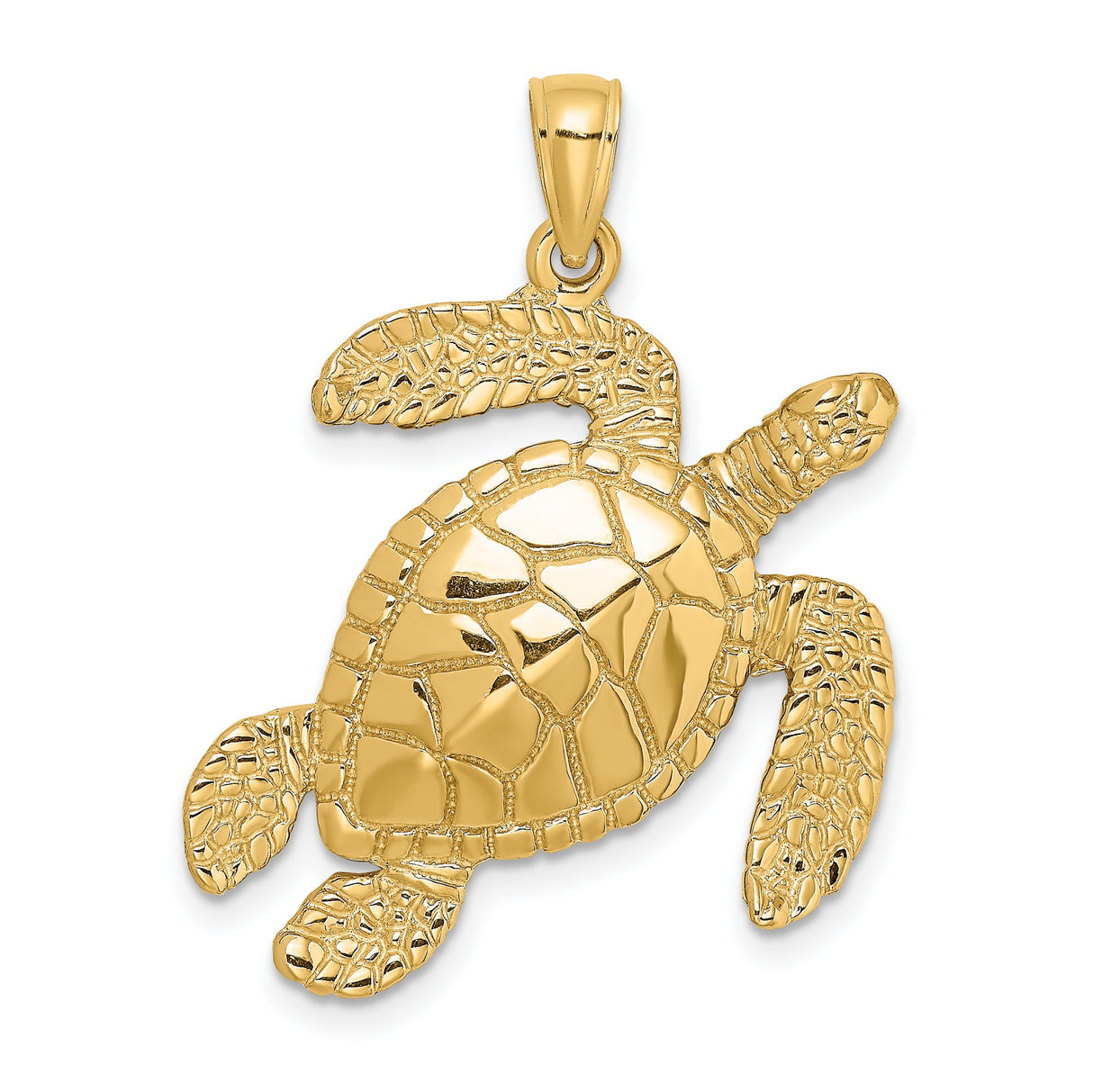 14k Yellow Gold Sea Turtle Pendant with Textured Shell and Flipper Detail
