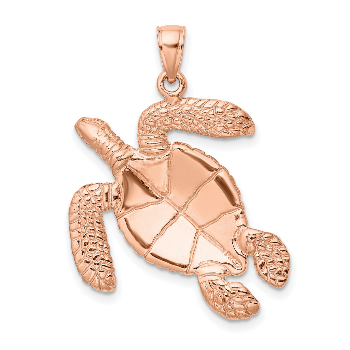14k Rose Gold Sea Turtle Pendant with Textured Shell, Ocean Animal Charm