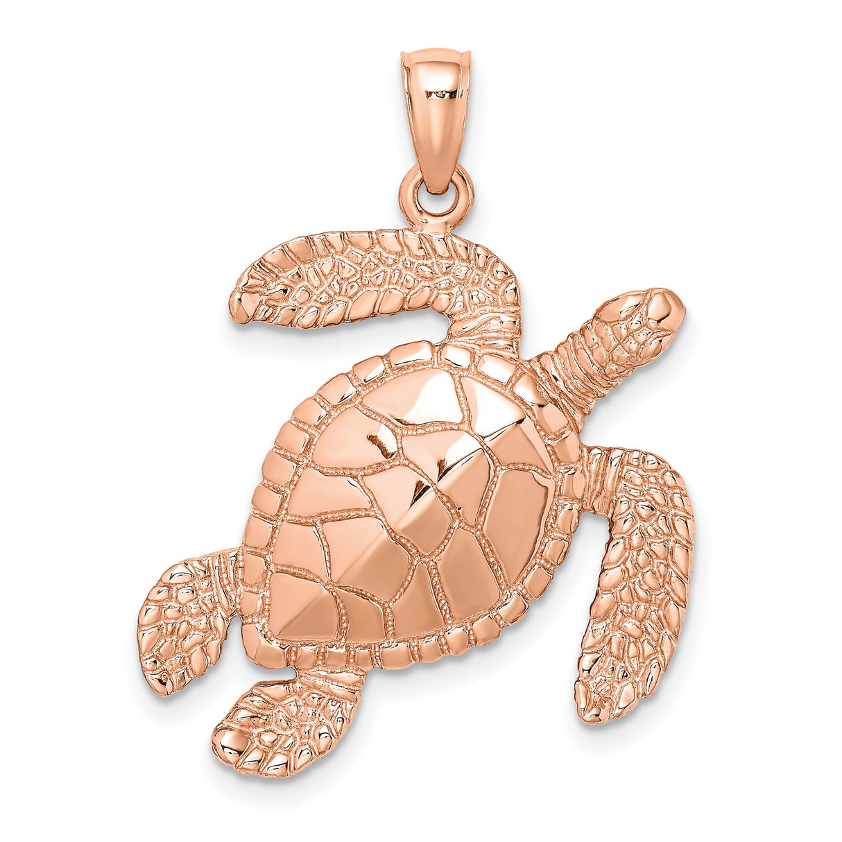14k Rose Gold Sea Turtle Pendant with Textured Shell, Ocean Animal Charm