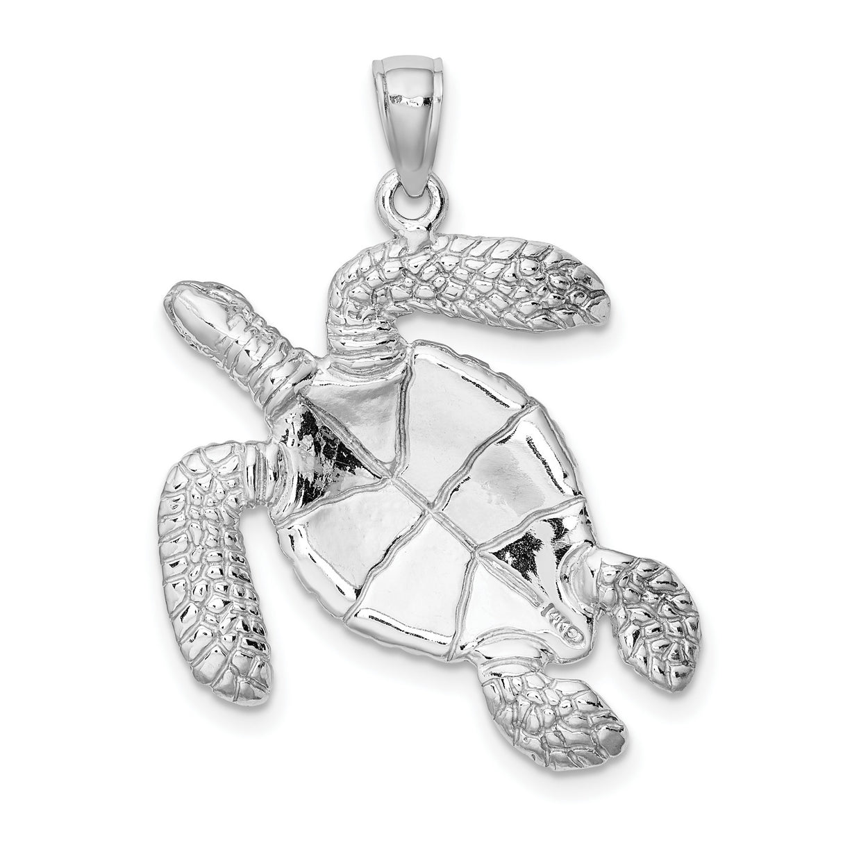 14k White Gold Sea Turtle Pendant with Flipper Detail and Textured Shell, Ocean Theme Jewelry