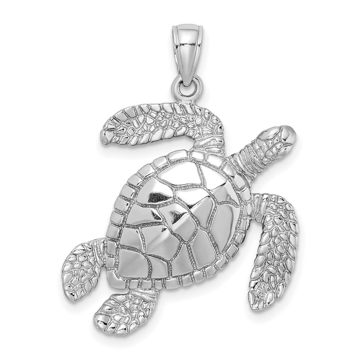 14k White Gold Sea Turtle Pendant with Flipper Detail and Textured Shell, Ocean Theme Jewelry