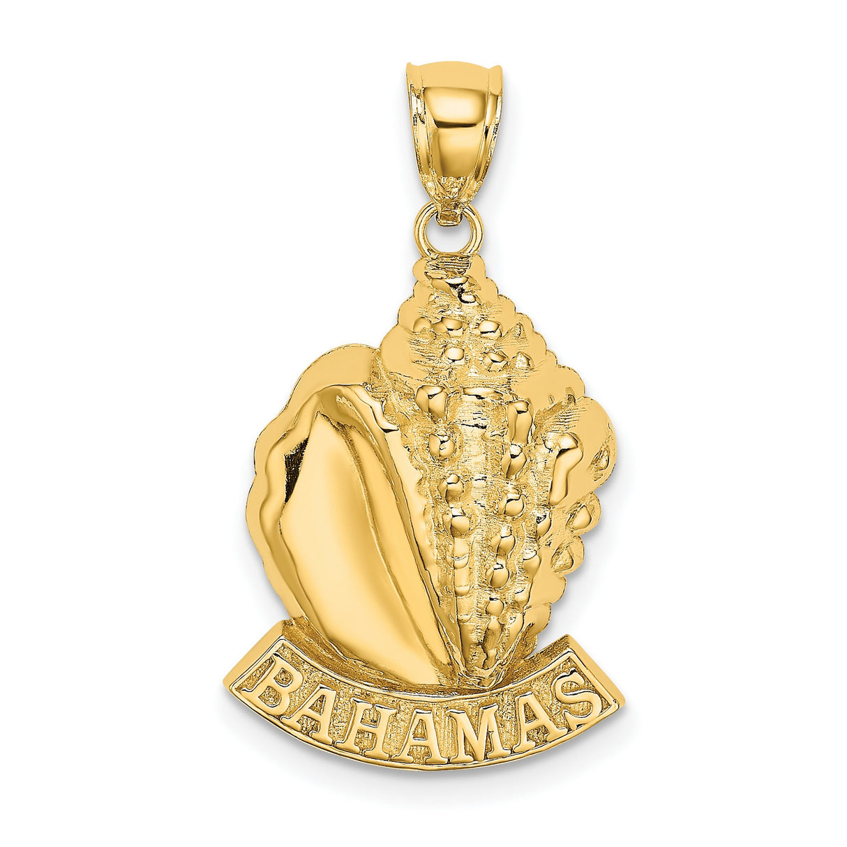 14k Yellow Gold Conch Shell Pendant with Bahamas Word, Nautical Beach Charm
