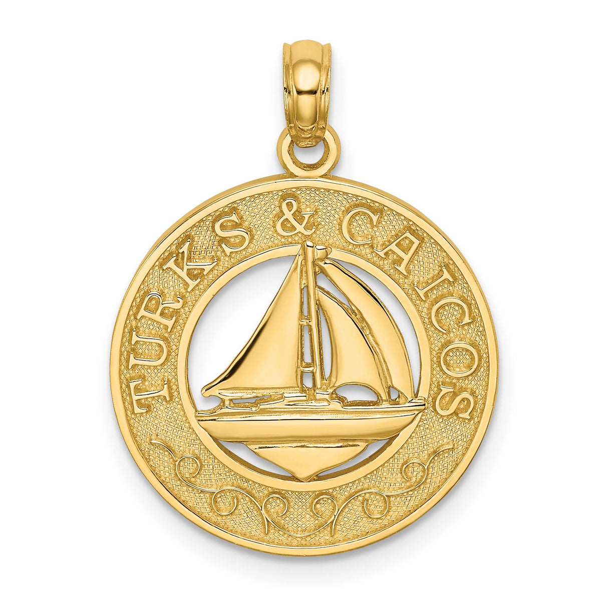 14k Yellow Gold Sailboat Pendant with Turks and Caicos Engraving, Nautical Travel Charm