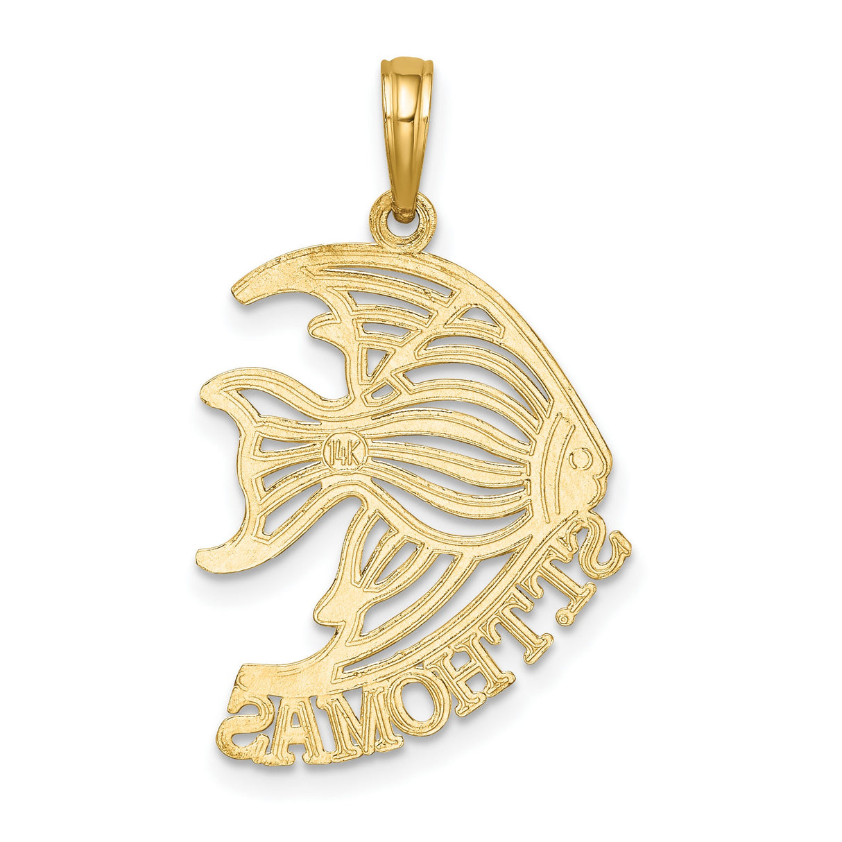 14k Yellow Gold Tropical Fish Pendant with St Thomas Engraving, Nautical Island Charm