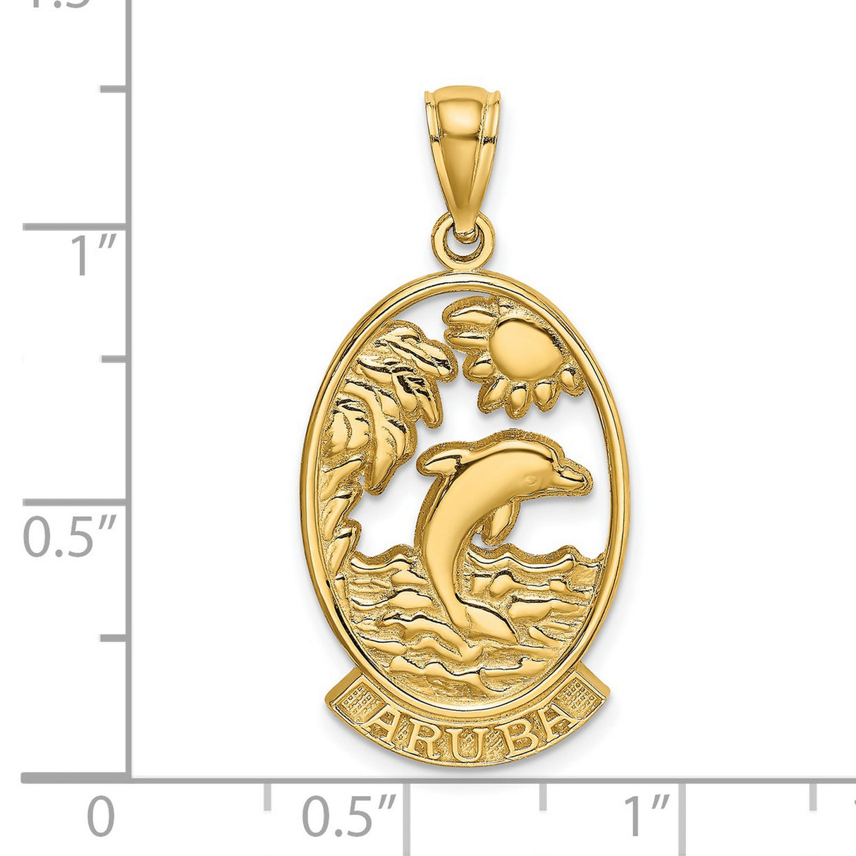 14k Yellow Gold Pendant with Jumping Dolphin, Wave, and Sun Design, Tropical Island Charm