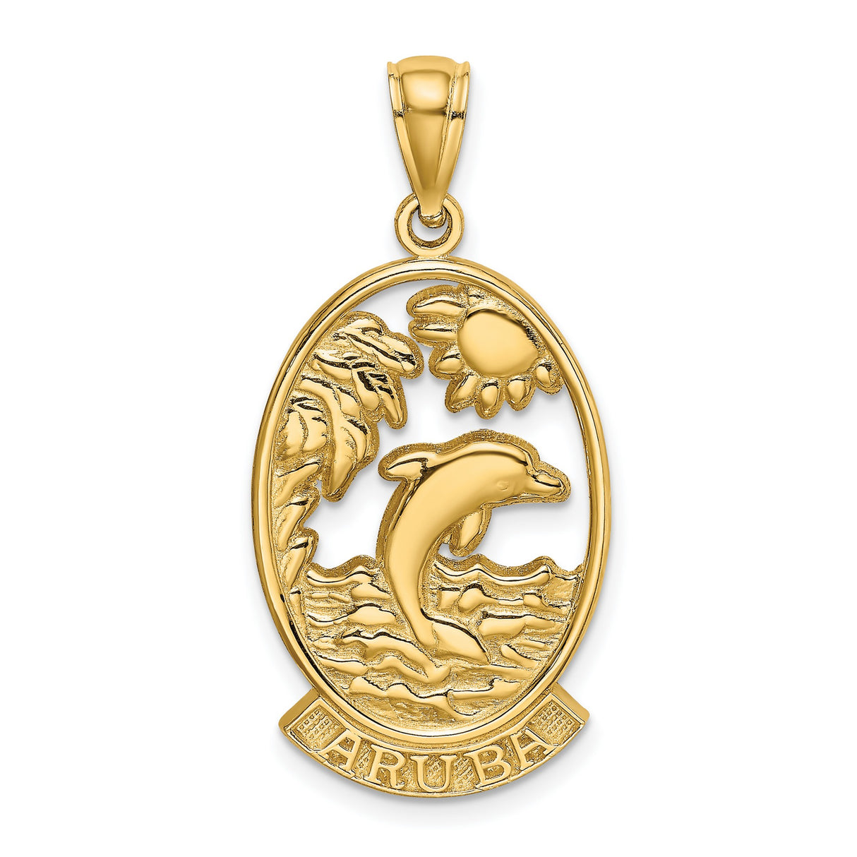 14k Yellow Gold Pendant with Jumping Dolphin, Wave, and Sun Design, Tropical Island Charm