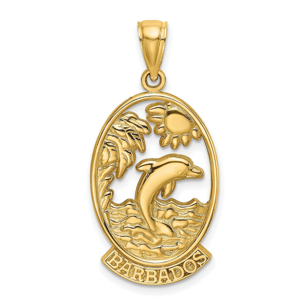 14k Yellow Gold Dolphin Palm Tree Pendant with Sun and Waves Island Charm