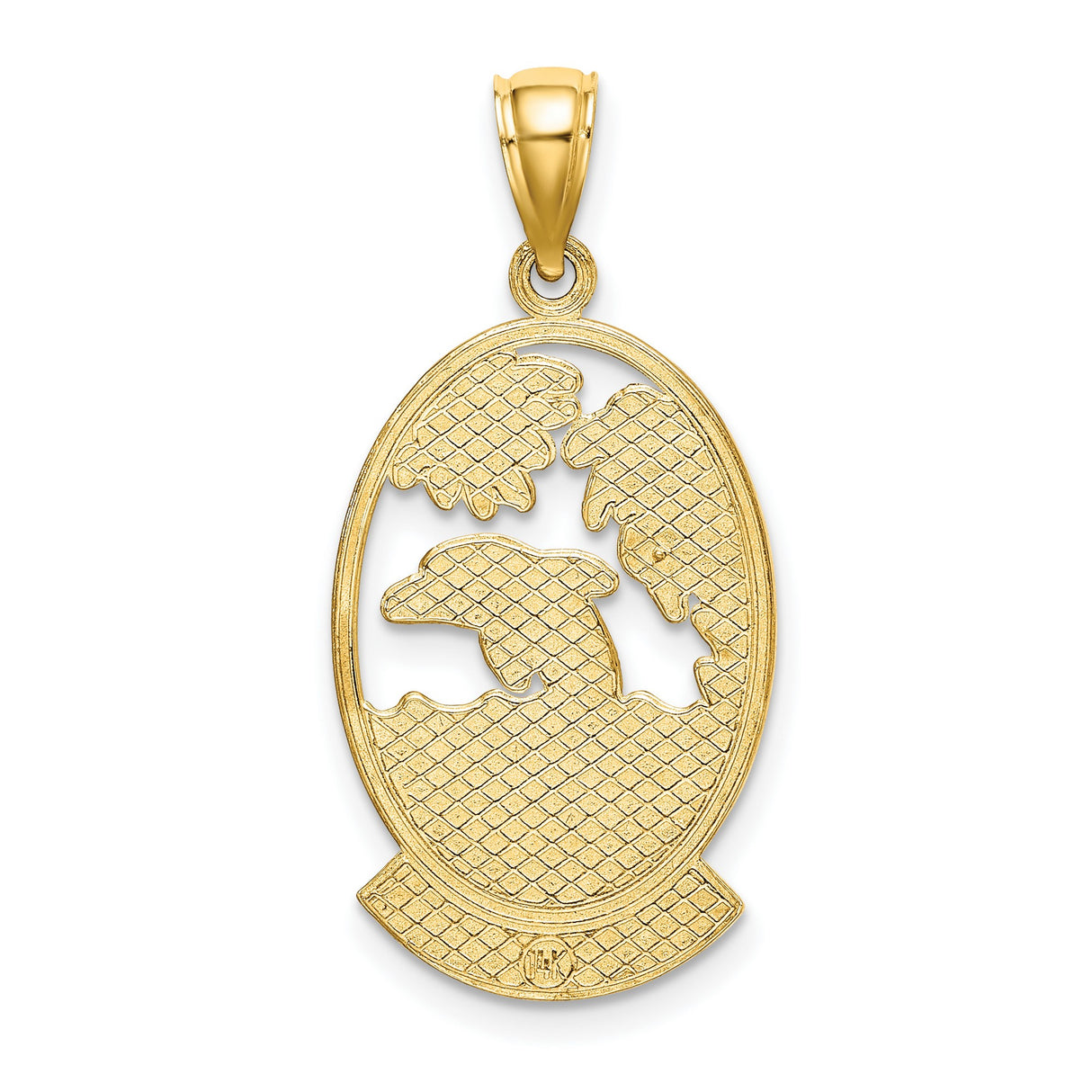 14k Yellow Gold Pendant with Jumping Dolphin, Palm Tree, Sun and Waves - Curacao Island Theme