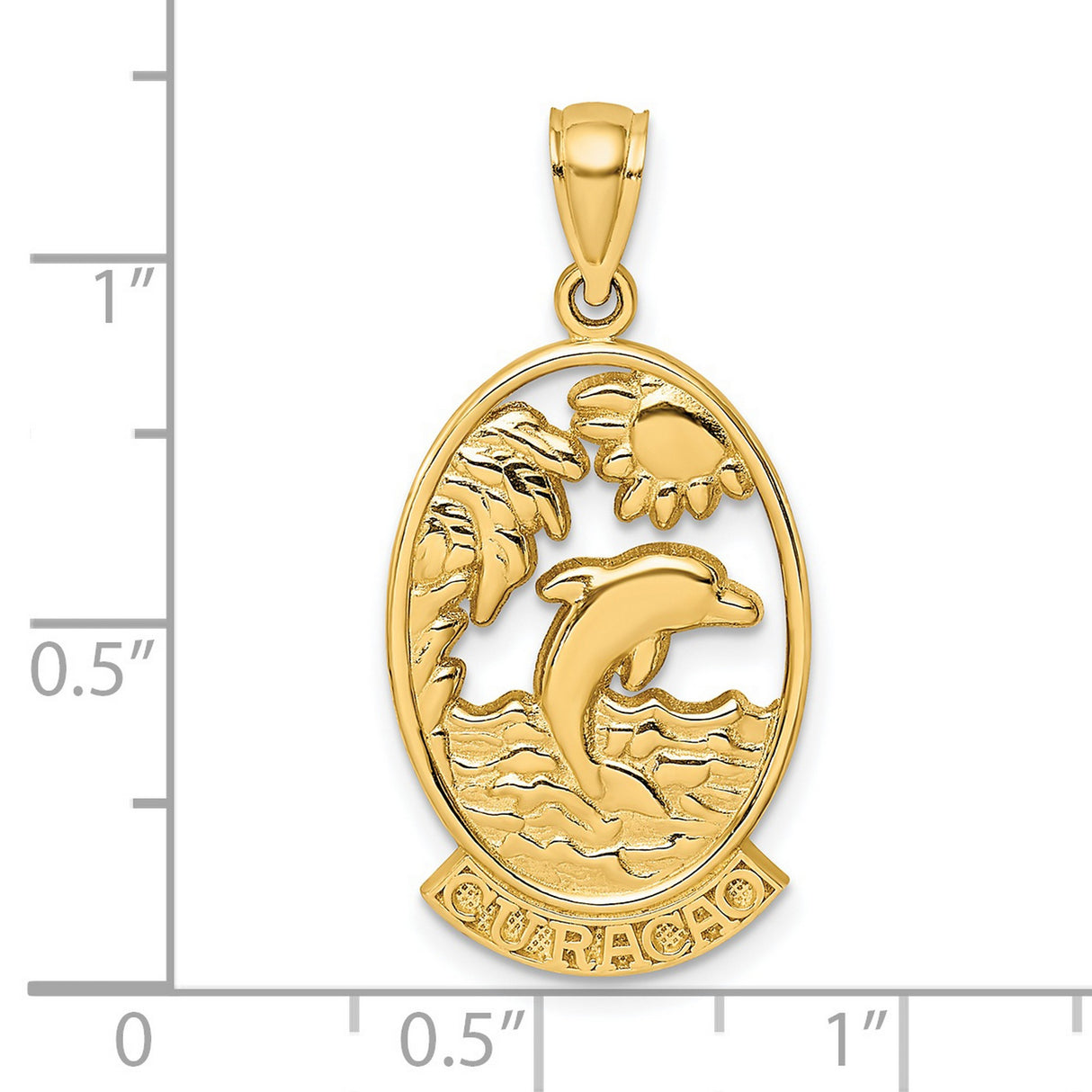 14k Yellow Gold Pendant with Jumping Dolphin, Palm Tree, Sun and Waves - Curacao Island Theme